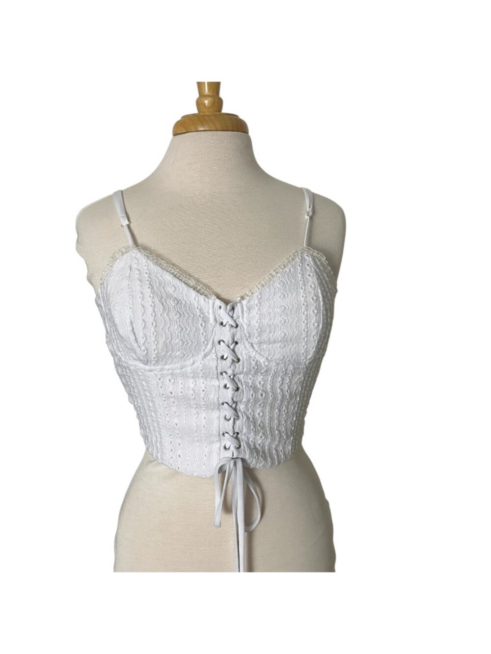 moa moa Women's White Lace-Up Smocked Bustier Top Adjustable Straps